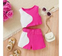 Set Di Maglietta A Collo Tondo A Blocchi Di Colore E Shorts Per Bambina 6-9M,9-12M,12-18M,18-24M,2-3YColore unicoMaglia a coste