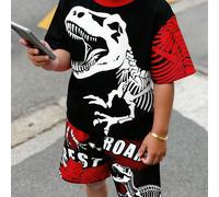 Set di maglietta a girocollo a maniche corte e pantaloncini casual e comodi, stile minimalista per ragazzi pre-adolescenti. Stampa classica e alla moda di fossili di Tyrannosaurus Rex dinosauro Giuras