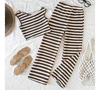 Set di maglietta a maniche corte asimmetrica con spalla e pantaloni a gamba dritta a righe in maglia, adatto per ragazze pre-adolescenti, per vacanze e strada, outfit per il ritorno a scuola 8Y,9Y,10Y