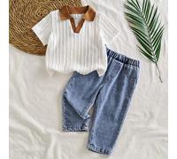 Set di maglietta a maniche corte con colletto casual e pantaloni in jeans lavati alla moda per bambini, adatto per uso quotidiano, campeggio in famiglia, pranzo o shopping 6-9M,9-12M,12-18M,18-24M,2-3