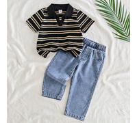 Set di maglietta a maniche corte con colletto casual e pantaloni in jeans lavati alla moda per bambini, adatto per uso quotidiano, campeggio in famiglia, pranzo o shopping 6-9M,9-12M,12-18M,18-24M,2-3