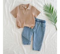 Set di maglietta a maniche corte con collo alla coreana e pantaloni in jeans lavati per bambini piccoli, versatile per uso quotidiano, campeggio in famiglia, pranzo o shopping 6-9M,9-12M,12-18M,18-24M