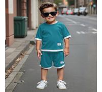 Set di maglietta a maniche corte con collo tondo e pantaloncini con stampa a quadri blu e bianchi, stile sportivo casual da college e strada, adorabile, adatto per uso quotidiano, scuola, viaggio, spo