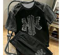 Set di maglietta a maniche corte con grafica di lettere digitali e pantaloncini per ragazzi pre-adolescenti, outfit casual da sport all'aperto per primavera/estate, adatto per picnic, fotografia di st