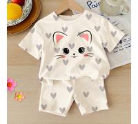 Set di maglietta a maniche corte con scollo rotondo e pantaloncini corti aderenti, con stampa carina di gatti e cuori, adatto per bambine, stile casual minimale, adatto per primavera/estate 6-9M,9-12M