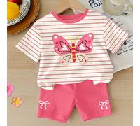 Set di Maglietta a maniche corte con scollo tondo e pantaloncini aderenti, motivo a righe e fiocco, stile minimalista e casual per bambine, adatto per la primavera/estate 6-9M,9-12M,12-18M,18-24M,2-3Y