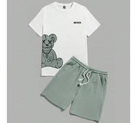 Set di maglietta a maniche corte con stampa di orso cartoni animati e lettera e pantaloncini con coulisse in vita, stile casual e alla moda per uso quotidiano, adatto per l'estate L,M,S,XL,XXLFumetto,