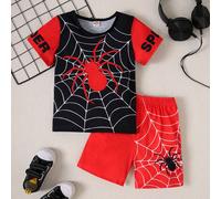 Set di maglietta a maniche corte con stampa di ragno per ragazzo giovane e pantaloncini, estate 6Y,7Y,4Y,5Y,2-3YAnimale,LetterePoliestere