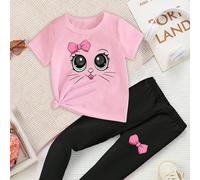 Set di maglietta a maniche corte e leggings basic per neonate, stile casual, stampa con fiocco rosa e grandi occhi kawaii, moda creativa e carina, primavera estate autunno, outfit comodi e accoglienti