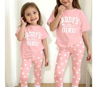 Set di maglietta a maniche corte e leggings morbidi e comodi con stampa a cuore "Daddy's Girl", adatto per uso quotidiano, stile casual, uscite, casa, vacanze, rientro a scuola, primavera e estate 6Y,