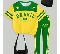 Set di maglietta a maniche corte e leggings per bambine piccole con stampa a blocchi di colore giallo e verde, stelle e strisce del Brasile, outfit con atmosfera da Coppa del Mondo 6Y,7Y,4Y,5YBlocchi 