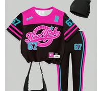 Set di maglietta a maniche corte e leggings per bambine piccole, numero 67, New York, rosso rosa, blu, nero, blocchi di colore, stampa a righe con stella a cinque punte, abbigliamento casual 6Y,7Y,4Y,