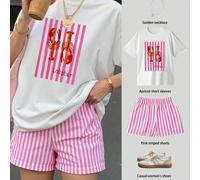 Set di maglietta a maniche corte e pantaloncini a righe con stampa di aragosta, per donna, stile casual adatto per la primavera, il Capodanno cinese, l'Anno del Cavallo, San Valentino L,M,S,XL,XXLPoli