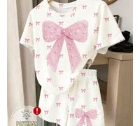Set di maglietta a maniche corte e pantaloncini basic per ragazze, stile fresco e alla moda, base bianca con stampa a fiocchi rosa e motivo texture 6Y,7Y,4Y,5YGraficoTessuto