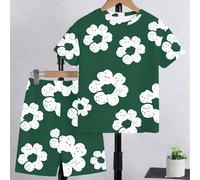 Set di maglietta a maniche corte e pantaloncini casual da ragazzo, per primavera ed estate, con design creativo e personalità, stile minimalista fresco, con base verde e grande stampa floreale bianca,