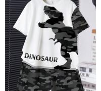 Set di maglietta a maniche corte e pantaloncini casual e comodi in stile minimalista per ragazzo pre-adolescente, con stampa classica e fresca di camuffamento e dinosauro Tyrannosaurus Rex, adatto per