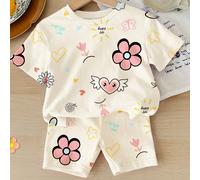 Set di maglietta a maniche corte e pantaloncini casual in stile doodle con stampa di fiori e cuori, adatto per neonate, ideale per la primavera/estate in vacanza 6-9M,9-12M,12-18M,18-24M,2-3YColore un