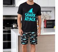Set di maglietta a maniche corte e pantaloncini con stampa a tema squalo per uomo, composto da t-shirt con scritta "SHARK ATTACK" e stampa integrale di squali, abbigliamento da casa casual e rilassant