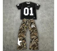 Set di maglietta a maniche corte e pantaloni con etichetta a stella bianca 01 e vestibilità morbida, in stile camouflage, della marca ZONE917 L,M,S,XL,XS,XXLGrafico,Lettere,PianteTessuto in maglia