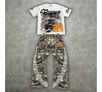 Set di maglietta a maniche corte e pantaloni della tuta con stampa mimetica, a righe, slavata e colorata, modello ZONE917 L,M,S,XL,XS,XXLLettere,PianteTessuto in maglia