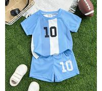 Set di maglietta a maniche raglan e pantaloncini sportivi della squadra di Barcellona, per bambini maschi neonati e piccoli da 0 a 3 anni 6-9M,9-12M,12-18M,18-24M,2-3YBlocchi di colore,LetterePolieste