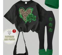 Set di maglietta corta e leggings basic, stile casual e alla moda, con stampe creative e minimaliste di leopardo, cuore, quadrifoglio e glitter, adatto per la primavera/estate e l'atmosfera del St. Pa