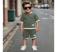 Set di Maglietta e pantaloncini casual sportivi stile college e strada per ragazzi, adorabile, con motivo a quadri verde militare e bianco, adatto per uso quotidiano, scuola, viaggio, sport, primavera