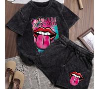 Set di maglietta e pantaloncini da donna in cotone estivo con grafica "Lip Letter" stile graffiti, streetwear, comodo stile vintage Y2K, adatto per uso casual all'aperto, maglietta a maniche corte a g