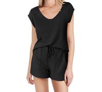 Set di magliette con scollo a V da donna estate UK a maniche corte basic casual in cotone tinta unita con coulisse pigiama pantaloncini leggeri morbidi comodi abbigliamento da casa con tasche, Nero ,