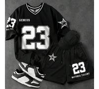 Set di magliette da uomo con stampa numerica a stelle, stile urban, set di 2 pezzi, completo sportivo, oversize, adatto per l'estate L,M,S,XL,XXLLetterePoliestere,Tessuto in maglia