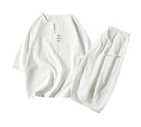 Set di magliette da uomo, stile tanga cinese, due pezzi, misto lino e cotone, maniche a tre quarti, vestibilità larga, design tradizionale, traspirante, per il tempo libero per le giornate calde