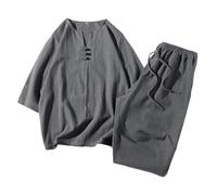 Set di magliette da uomo, stile tanga cinese, due pezzi, misto lino e cotone, maniche a tre quarti, vestibilità larga, design tradizionale, traspirante, per il tempo libero per le giornate calde, Gy1