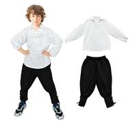 Set di magliette e pantaloni da pirata medievali per bambini, per il Rinascimento, Halloween, costume scozzese, top e pantaloni (bianco + nero, 8-10T)