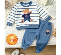Set di maglioni a maniche lunghe con stampa di orso a righe blu e bianche per bambino, outfit casual carini per l'autunno e il ritorno a scuola 6-9M,9-12M,12-18M,18-24M,2-3YA striscePoliestere