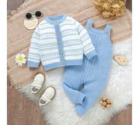 Set di maglioni di moda per neonati maschi, cardigan a maniche lunghe a righe abbinato a giacca elegante e salopette, tessuto morbido e confortevole che permette al bambino di godere di un'infanzia co