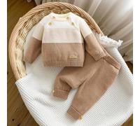 Set di maglioni neonato versatile e alla moda, composto da cardigan corto + maglione, pantaloni, completo lavorato a maglia per il tempo libero e l'esterno 6-9M,0-1M,1-3M,3-6MBlocchi di coloreMaglieri