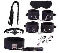 Set Di Maniche In Pelle Liscia Nera Da 7 Pezzi Con Accessori In Peluche, Uso Regolabile
