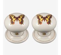 Set Di Maniglie Per Porta In Ceramic Bianco Giallo Design Farfalla (Coppia) 60mm
