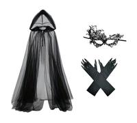 Set di mantello in pizzo per Halloween, set da 3 pezzi per costume da | Mantello lungo nero con cappuccio strega tulle mantello, con guanti e copertura per il viso, festa di Halloween Cosplay