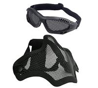 Set di maschera tattica e occhiali da softair | Maschera a mezzo viso con teschio in rete con occhiali da sole per softair per giochi CS all'aperto e caccia (nero)