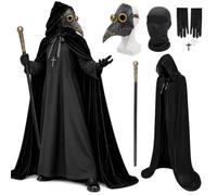 Set di maschere da dottore della peste per Halloween, maschera steampunk con guanti neri, mantello con cappuccio, copertura integrale per il viso, canna, collana con croce per uomo, costumi di