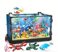 Set di mattoncini da costruzione con luce a LED, per acquario, serbatoio di pesce, con meduse girevoli, coralli, pesci di mare profondo, per bambini a partire da 8 anni e adulti