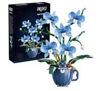 Set di mattoncini da costruzione, motivo orchidea blu, tazza da caffè, pianta artificiale, giocattolo da costruzione, collezione botanica, modello per decorazione domestica, grande regalo per