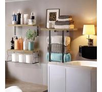 Set di mensole da parete 3 in 1 con portasciugamani, in legno rustico e metallo, organizer per bagno
