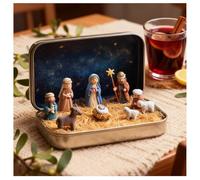 Set di mini presepe natalizio in scatola di latta, set di decorazioni portatili tascabili per presepe, porta la storia del Natale con statuette in resina di pecore e Gesù della Sacra Famiglia per
