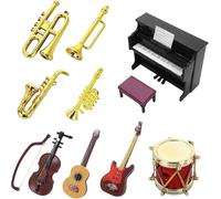Set di Mini Strumenti Musicali, 11 Pezzi Strumento Musicale in Miniatura Chitarra Elettrica,Violino,Tromba e Sassofono in Scala 1:12 Ornamento Musicale Decorazioni Accessori per Giardino