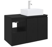 Set di mobili da bagno, 2 pezzi, in legno composito, colore: nero vanite | Montaggio a parete salvaspazio, foratura personalizzabile con punte incluse, finitura nera moderna, maniglie argentate,