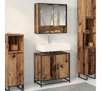 Set di mobili da bagno 2 pezzi, legno antico, 65 x 33 x 60 cm | Armadietto da parete con specchio, lavabo, maniglie nere, legno trattato, bagno moderno, ripostiglio