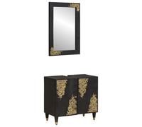 Set di mobili da bagno, 2 pezzi, nero, 62 x 33 x 58 cm, legno di mango | Legno di mango massiccio, legno ingegnerizzato, serigrafia dorata, pulsanti in ottone, specchio piatto, montaggio a parete