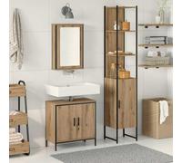 Set di mobili da bagno, 3 pezzi, in legno marrone, con specchio e vano | Design sottile, robusto materiale in legno, specchio piatto integrato, porte a filo, facile da montare